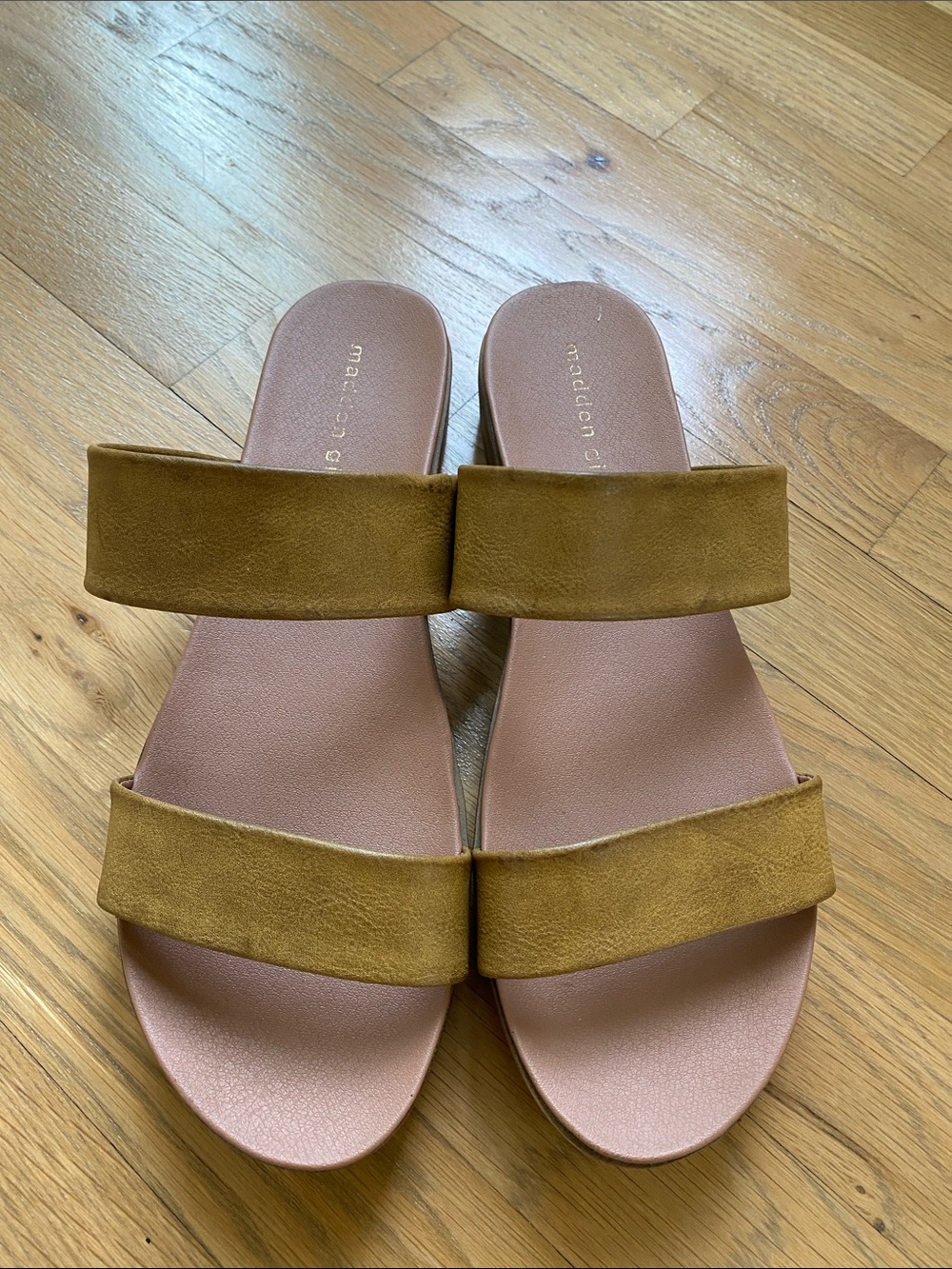 NWT! Madden Girl 10 Double-Band Slide Sandals in Mustard Yellow Suede